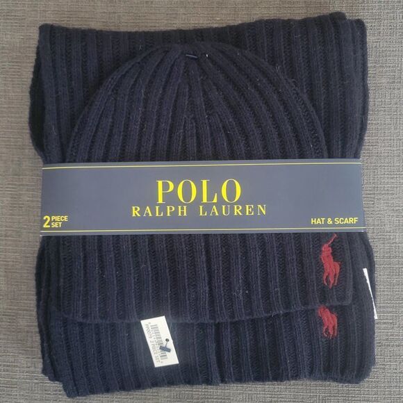 Polo Ralph Lauren Men's Navy 2 Piece Set Hat & Scarf Lambswool Blend One size - Picture 3 of 6